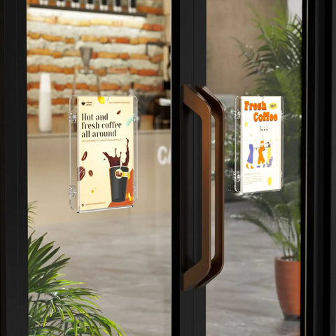 Clear Acrylic Window Sign Holder with Suction Cup 8.5 x 11 Inches, Wall Mount Sign Frame displaying coffee promotion on glass door