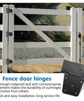 Heavy Duty Gate Hinges For Wooden Fences Set Of 6 Black Iron Barn Door Hinges installed on white wooden gate.