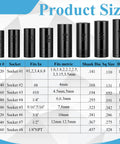 Tap Socket Set Eight Piece For Auto Shop Pros, Fits Quarter Inch And Three Eighth Inch Drive, product size chart in image