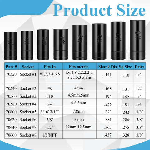 Tap Socket Set Eight Piece For Auto Shop Pros, Fits Quarter Inch And Three Eighth Inch Drive, product size chart in image