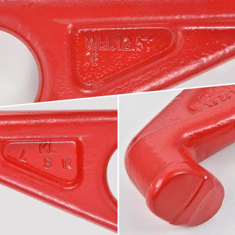 Close-up of red Heavy Duty Container Lifting Hook with 45 Degree Secure Alignment System L and R indicators, forged alloy steel construction.