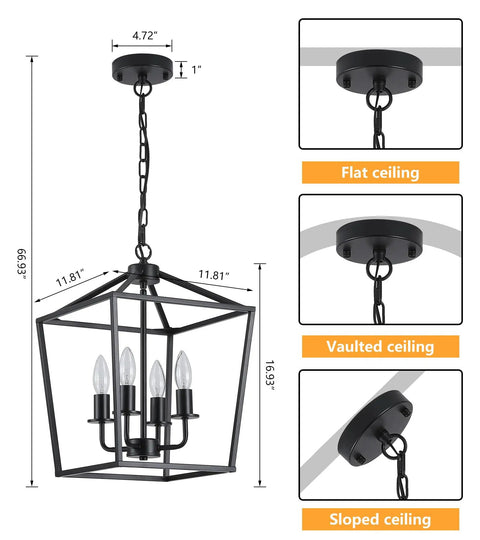 Dimensions and ceiling mount options for UL Listed Industrial Black Lantern Chandelier With Four Lights, Farmhouse Metal Cage Pendant Light.