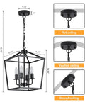 Diagram of a Four Light Farmhouse Industrial Lantern Cage Pendant Light in Gun Black Finish, adjustable for flat, vaulted, sloped ceilings.