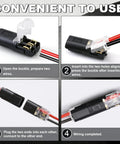 Top Shelf Double Wire Connectors With Locking Buckle, 60 Pack 2 Pin Led Strip Plug In Quick Clip Snap On Blocks for easy wiring steps.
