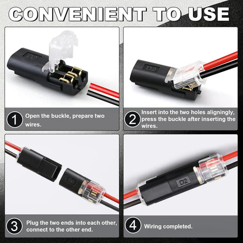 Top Shelf Double Wire Connectors With Locking Buckle, 60 Pack 2 Pin Led Strip Plug In Quick Clip Snap On Blocks for easy wiring steps.