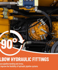 Racewill 5-pack 90-degree elbow hydraulic fittings (1/4" NPTF male x 1/4" NPSM female) on yellow hydraulic machinery