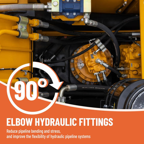 Racewill 5-pack 90-degree elbow hydraulic fittings (1/4" NPTF male x 1/4" NPSM female) on yellow hydraulic machinery