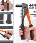 4 In 1 Hand Riveter Kit With 200 Rivets For Metalwork, Heavy Duty Rivet Gun With 4 Interchangeable Nosepieces