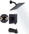 Tub And Shower Faucet Set With Valve Included, Single Handle Trim Kit, 8 Inch Rain Shower Head And Tub Spout, Matte Black Bathroom Fixture