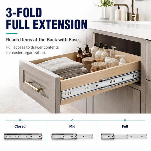 Heavy Duty Stainless Steel Drawer Slides 500 Lb Capacity Full Extension Rails Side Mount Industrial Grade Built To Haul Heavy Loads With Smooth Quiet Operation 2.5mm Steel Build installed on a 3-fold bathroom drawer