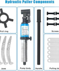 Heavy Duty Forged Steel Hydraulic Gear Puller Featuring Quick Swap Two Or Three Jaws Bearing Separator To Smoothly Rip Out Stuck Hubs Flanges Gears And Bearings Without Any Sweat At Ten Ton Capacity components including pull ring, jaws, pump body, handle, screws, and pulling tab.