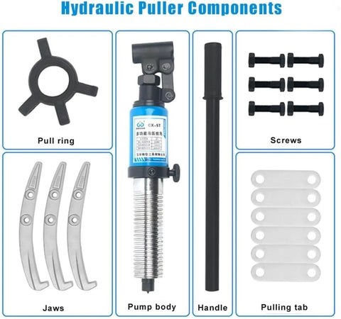Heavy Duty Forged Steel Hydraulic Gear Puller Featuring Quick Swap Two Or Three Jaws Bearing Separator To Smoothly Rip Out Stuck Hubs Flanges Gears And Bearings Without Any Sweat At Ten Ton Capacity components including pull ring, jaws, pump body, handle, screws, and pulling tab.