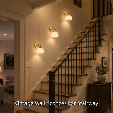 BELVM Vintage Milk Glass Wall Sconce Set of 2 - Gold Bathroom Wall Lights on a stairway wall for warm illumination.
