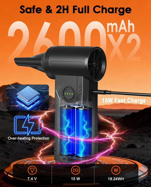Cordless Turbo Air Duster With 110,000 RPM Brushless Motor, 5200mAh Battery, 15W Fast Charge, showcasing battery and charge