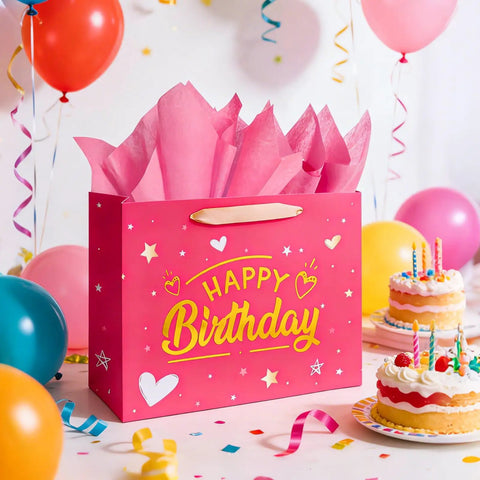 Birthday Gift Bag With Tissue Paper And Greeting Card, 13 Inch Gift Bag With Gold Foil Happy Birthday Design And Ribbon Handles