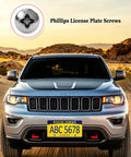Hella Secure Stainless Steel License Plate Mounting Kit With One Quarter Inch By Three Quarter Inch Bolts Chrome Caps close-up of Phillips license plate screws.