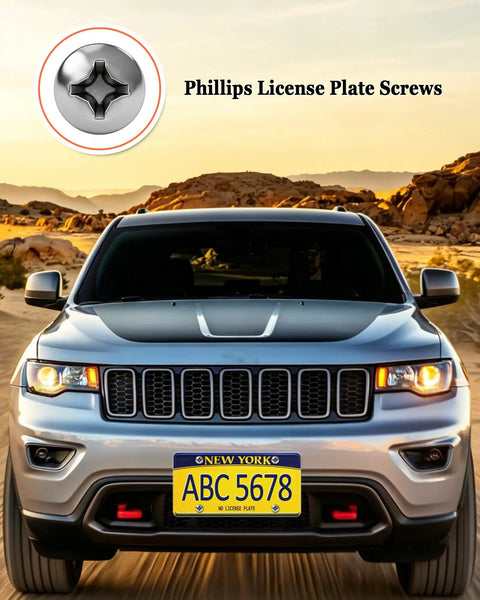 Hella Secure Stainless Steel License Plate Mounting Kit With One Quarter Inch By Three Quarter Inch Bolts Chrome Caps close-up of Phillips license plate screws.