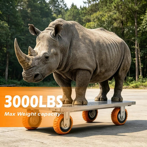 Heavy Duty Five Inch Polyurethane Caster Wheels With Rock Solid Dual Lock Brakes and Slick 360 Degree Swivel with a rhinoceros on a platform.