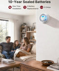 Interconnected Smoke And CO Alarm 6 Pack With Wireless Interconnection No WiFi 10 Year Sealed Lithium Battery Maintenance Free No Drama Battery Changes Easy Setup Loud Siren Low Battery Chirp Free Home Safety mounted on wall in living room