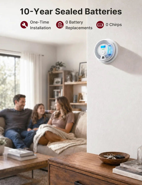 Interconnected Smoke And CO Alarm 6 Pack With Wireless Interconnection No WiFi 10 Year Sealed Lithium Battery Maintenance Free No Drama Battery Changes Easy Setup Loud Siren Low Battery Chirp Free Home Safety mounted on wall in living room