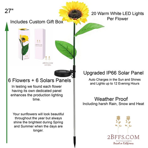 Diagram showcasing a Sunflower Garden Light with Six LED Outdoor Flowers with Solar Panels, IP66 Waterproof, 27 inches tall.