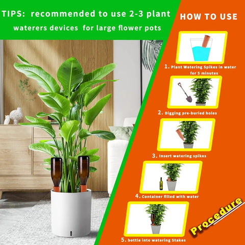 Terracotta Self Watering Stakes Pack Of 15 For Indoor And Outdoor Plants Automatic Waterer Devices next to a potted plant with instructions.