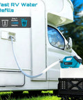 Go Anywhere Cordless Water And Diesel Transfer Pump connected to RV for fast refills, 760GPH self priming with dual 4000mAh batteries