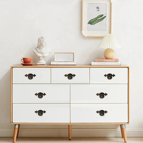 Vintage Retro Drawer Knob Set With Backplates 5Pcs Mushroom Shape Antique Bronze Zinc Alloy Pull Handles installed on dresser.