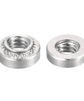 Premium Stainless Steel Rivet Nuts With Round Heads For Sheet Metal Fabrication, 0.14 Inch Length, #8-32 threads, two shown.
