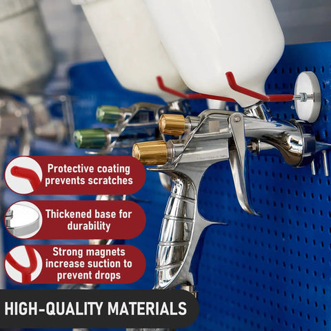 Heavy Duty Magnetic Paint Spray Gun Holder Rack Two Piece Wall Mount Storage System secures spray guns with strong magnets on pegboard.