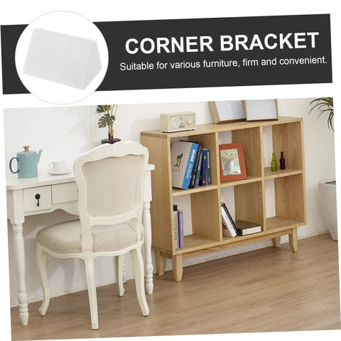Heavy Duty Corner Bracket Set With Slick Edge Caps For Rock Solid Furniture Repair And No Sweat Wall Mounting Tasks Throughout Kitchen Bathroom Workshop on a desk next to a bookshelf.