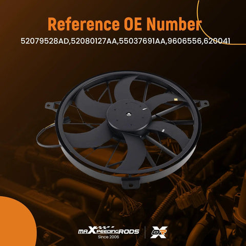 Top Shelf Slick Radiator Cooling Fan Assembly Direct Swap For 2004 Jeep Grand Cherokee 4 Liters And 2004 Through 2006 Jeep Liberty Engines showing fan design and OE reference numbers.