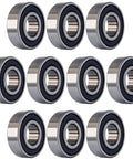 Ten 1/2-inch bore double rubber-sealed ball bearings, front view, steel with black seals