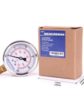 MEASUREMAN pressure gauge, 2.5 in dial, glycerin-filled, 0-100 psi/kPa, 1/4 NPT lower mount, stainless steel case.