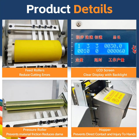Fully Automatic Heat Shrink Tube Cutter With Digital Lcd Screen internal components including feed rollers, LCD display, pressure roller, and hopper.