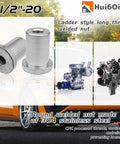 4 Piece Heavy Duty 1/2 20 Extended Thread Weld On Nuts 1 Inch OD Stepped Bung Female Steel Chassis Mount Built Tough For Pickup Trucks And Tractor Rigs No Sweat Garage Hardware Kit With Premium Rust Resistant Finish showing stainless steel welded nuts.