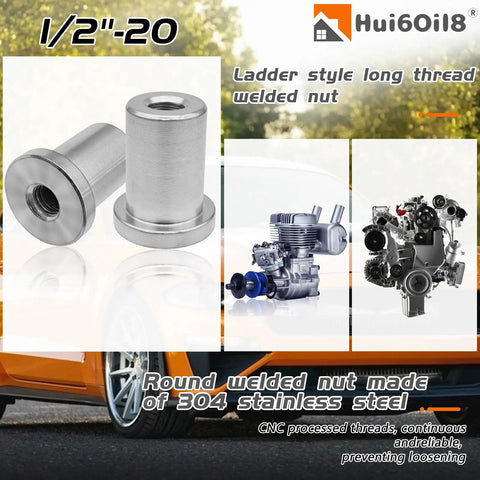 4 Piece Heavy Duty 1/2 20 Extended Thread Weld On Nuts 1 Inch OD Stepped Bung Female Steel Chassis Mount Built Tough For Pickup Trucks And Tractor Rigs No Sweat Garage Hardware Kit With Premium Rust Resistant Finish showing stainless steel welded nuts.