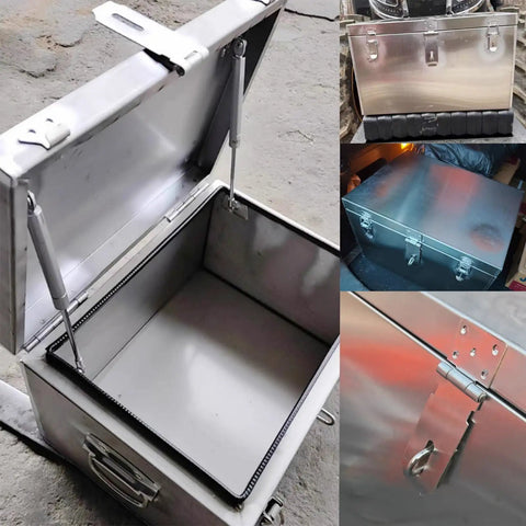 Heavy Duty Stainless Steel Tool Boxes With Rigid Handle And Silent Hydraulic Lids Workhorse Industrial Grade Storage For Warehouse And Construction Sites As Well As Vehicles And Home Use 150 By 50 By 50 Cm, open lid