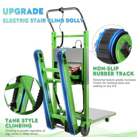 Heavy Duty Electric Stair Climbing Dolly With 1250W Motor And 900 Lb Load Capacity showing non-slip rubber track and adjustable handle.