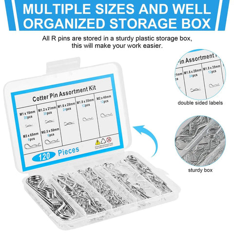 Premium Cotter Pin Set 120 Piece Assortment Kit With 7 Sizes R Shaped Heavy Duty Zinc Plated Carbon Steel Pins For Automotive Machinery Lawn Mowers And DIY Projects in labeled plastic box