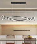Lit Linear LED Pendant Light With Dimmable Stepless Control in dining room, modern curved chandelier over table