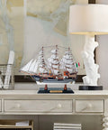 Wooden Model Ship Amerigo Vespucci 1:300 Scale Replica fully assembled on desk, handcrafted basswood hull and sails, maritime decor