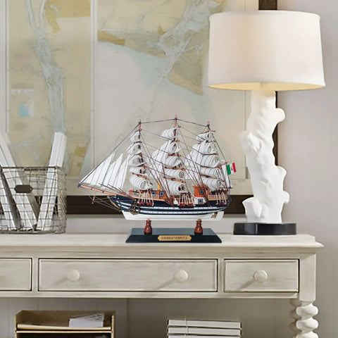 Wooden Model Ship Amerigo Vespucci 1:300 Scale Replica fully assembled on desk, handcrafted basswood hull and sails, maritime decor