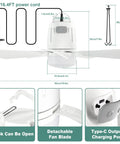 Portable Outdoor Ceiling Fan With Battery Power And Bright Led Light Silent Remote Control Canopy Breeze Maker And Extension Hook For Gazebo Patio Tent Backyard Kickback Spot with power cord and features shown.