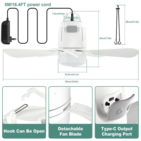 Portable Outdoor Ceiling Fan With Battery Power And Bright Led Light Silent Remote Control Canopy Breeze Maker And Extension Hook For Gazebo Patio Tent Backyard Kickback Spot with power cord and features shown.
