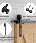 Beefy 20 Foot Sliding Barn Door Hardware Kit for Double 60 Inch Wide Doors with 330 Pound Weight Capacity, door stopper and anti jump block features shown.