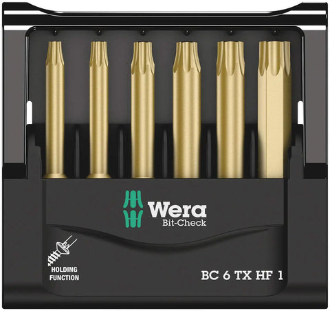 Torx HF Power Bit Set With Holding Function, 6 TX HF Bits, Ultra Compact Bit-Check System in black plastic holder, 50mm bits.
