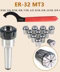 ER32 MT3 Spring Collet Chuck Holder Set With Eleven Collets From One Eighth To Three Quarters Inch And Wrench