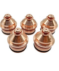 Five Piece 220182 Plasma Nozzle Set For Hypertherm HPR 130A showing copper nozzles in OEM style for durable performance