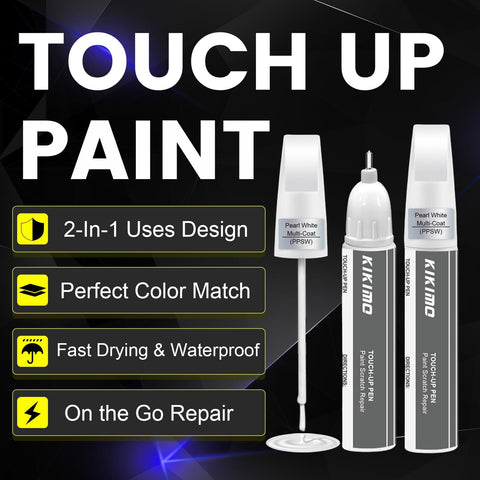 Pearl White Multi Coat Touch Up Paint Kit For Tesla Model Y 3 S X, 2 In 1 Scratch Repair Pen Tip And Brush visible in packaging.